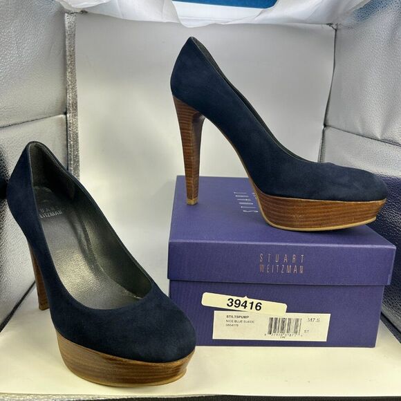 Stuart Weitzman Stilts Platform Pumps Suede leather ladies 7.5 nice blue shoes - Picture 5 of 14